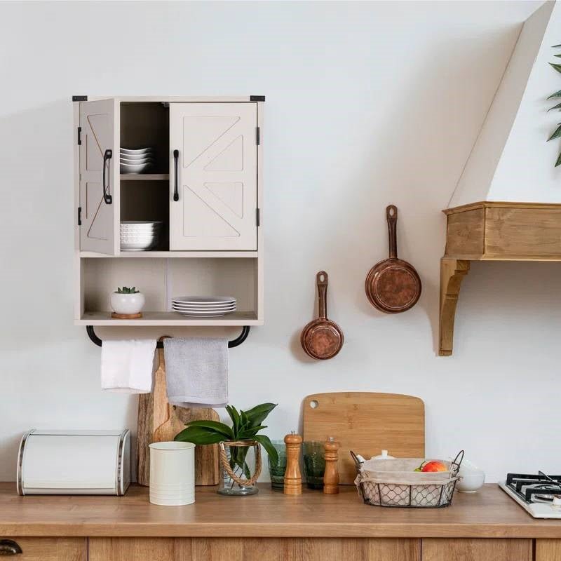 White Farmhouse Bathroom Wall Cabinet with Storage Shelf and Towel Bar - Street Hub Market