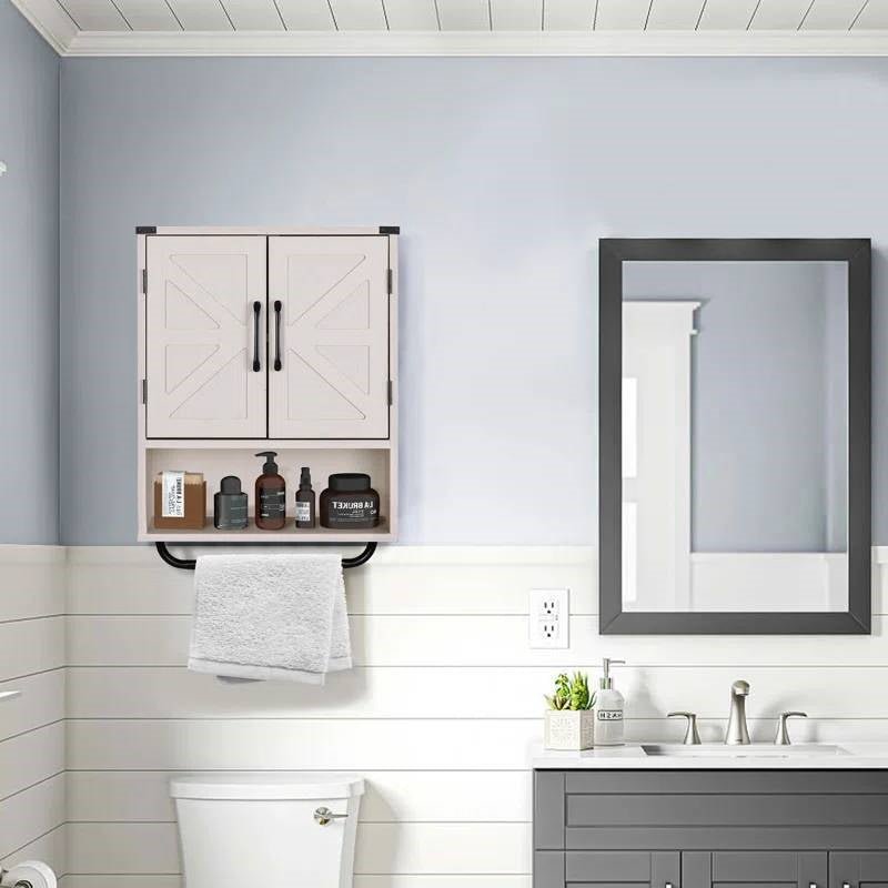 White Farmhouse Bathroom Wall Cabinet with Storage Shelf and Towel Bar - Street Hub Market