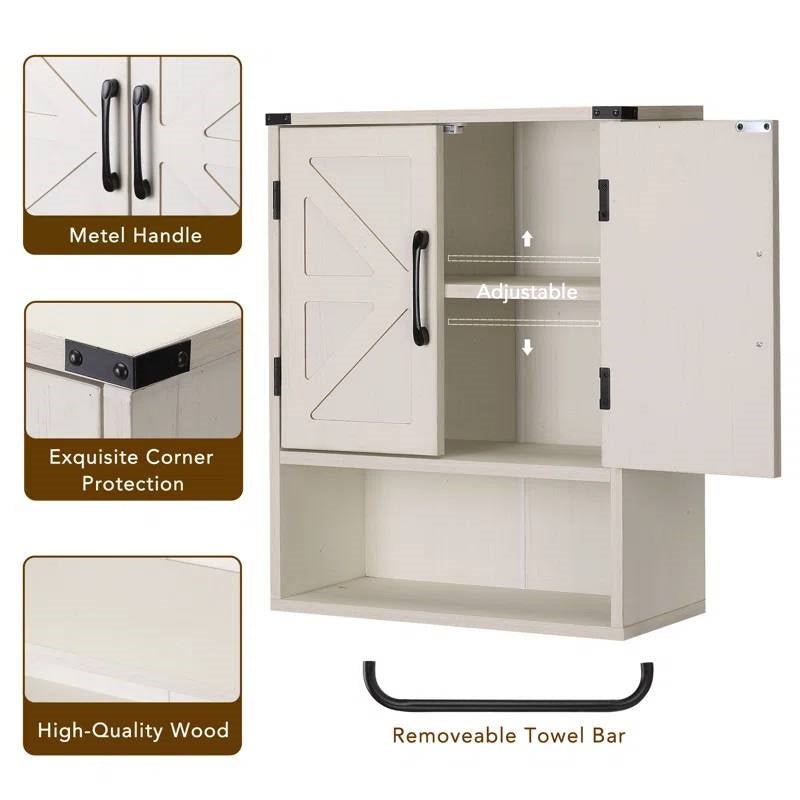 White Farmhouse Bathroom Wall Cabinet with Storage Shelf and Towel Bar - Street Hub Market