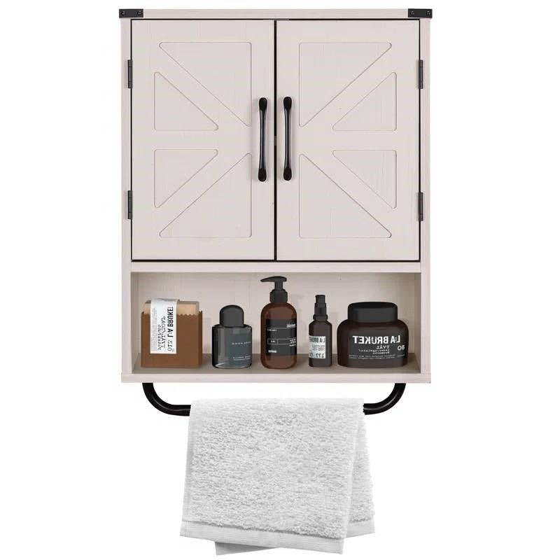 White Farmhouse Bathroom Wall Cabinet with Storage Shelf and Towel Bar - Street Hub Market
